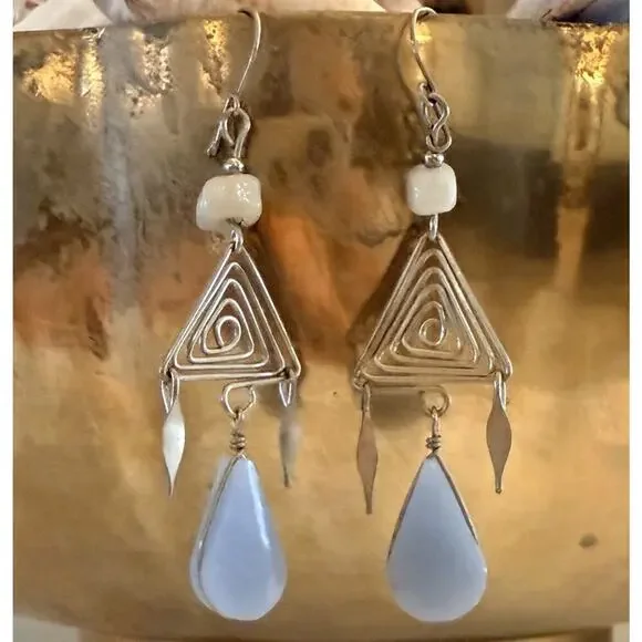 Artisan Geometric Silver Toned Dangle Spiral Triangle Blue Chalcedony - Picture 9 of 9